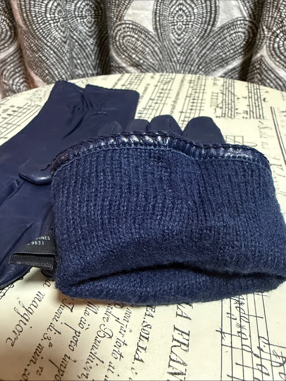 Vintage Navy Blue Leather Gloves Knit Lining Classic Winter Warm